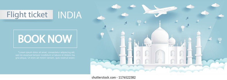 Flight and ticket advertising template with travel to India concept with Taj mahal, India famous landmarks in paper cut style vector illustration