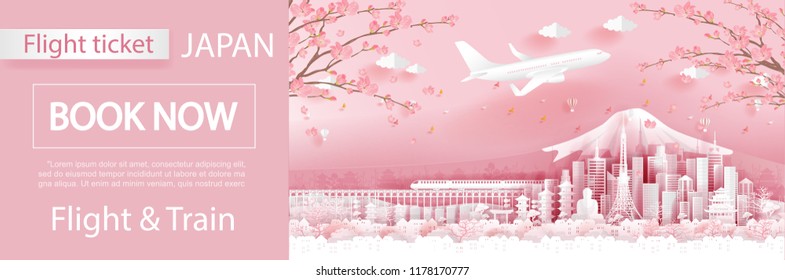 Flight and ticket advertising template with travel to Japan concept, Japan famous landmarks in paper cut style vector illustration