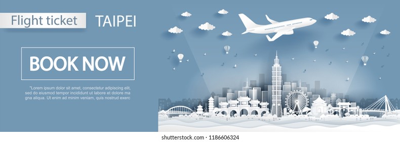 Flight and ticket advertising template with travel to Taipei concept, Taipei famous landmarks in paper cut style vector illustration