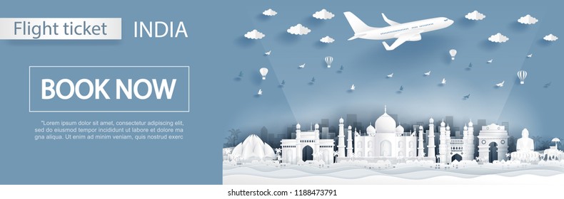 Flight and ticket advertising template with travel to India concept, India famous landmarks in paper cut style vector illustration