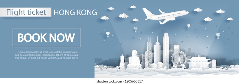 Flight and ticket advertising template with travel to Hong Kong concept with famous landmarks in paper cut style vector illustration