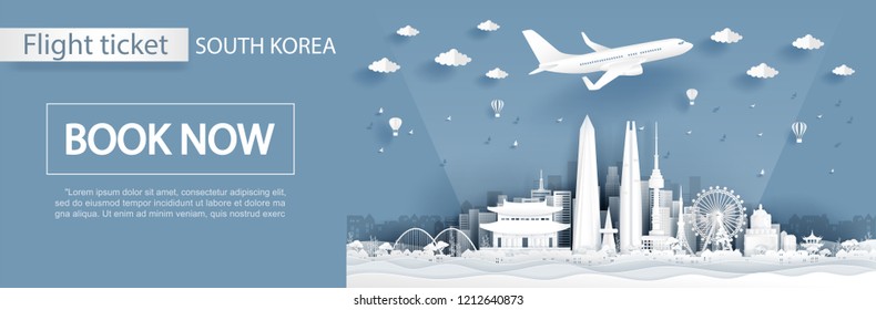 Flight and ticket advertising template with travel to South Korea concept, Taipei famous landmarks in paper cut style vector illustration