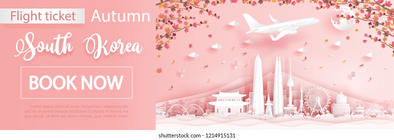 Flight and ticket advertising template with travel to Seoul, South Korea  in autumn season with falling maple leaves and  famous landmarks in paper cut style vector illustration