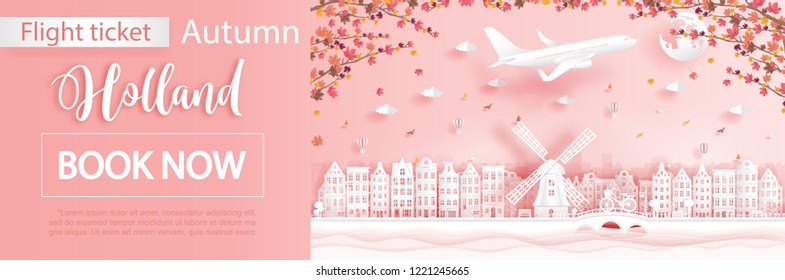 Flight and ticket advertising template with travel to Amsterdam, Holland in autumn season with falling maple leaves and famous landmarks in paper cut style vector illustration