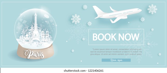 Flight and ticket advertising template with travel to Paris, France in winter season with famous landmarks in paper cut style vector illustration