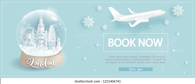 Flight and ticket advertising template with travel to London, England in winter season with famous landmarks in paper cut style vector illustration