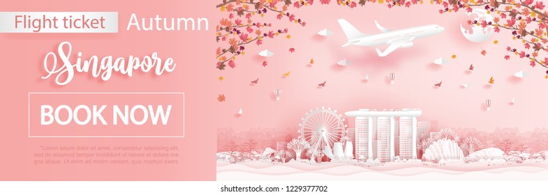 Flight and ticket advertising template with travel to Singapore in autumn season with falling maple leaves and famous landmarks in paper cut style vector illustration