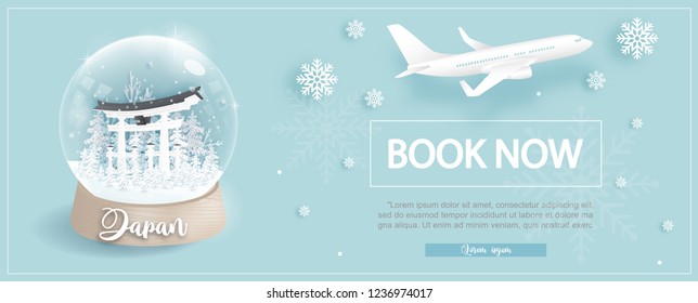 Flight and ticket advertising template with travel to Japanin winter season with Tori gate, famous landmarks in paper cut style vector illustration