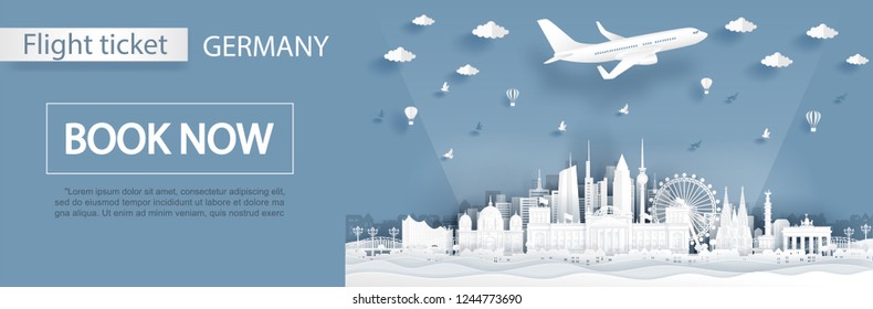 Flight and ticket advertising template with travel to Germany concept, Berlin famous landmarks in paper cut style vector illustration