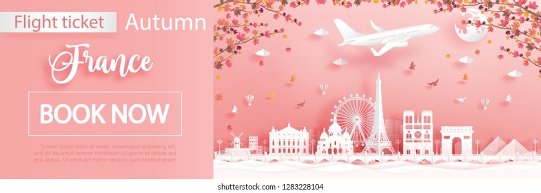 Flight and ticket advertising template with travel to Paris, France in autumn season with falling maple leaves and famous landmarks in paper cut style vector illustration