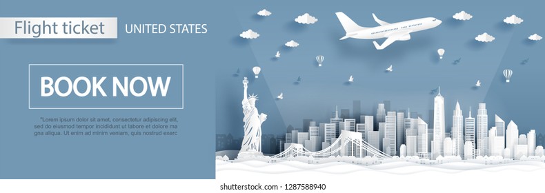 Flight and ticket advertising template with travel to New York City, America concept and famous landmarks in paper cut style vector illustration