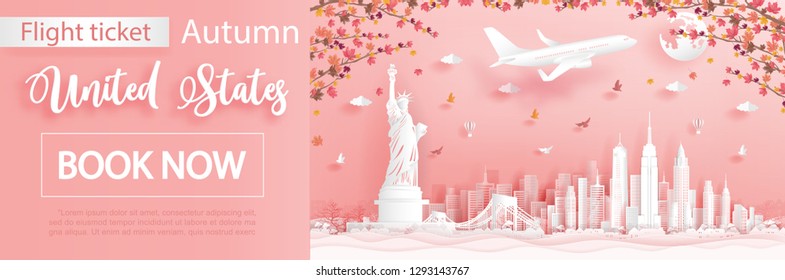 Flight and ticket advertising template with travel to United states of America in autumn season with falling maple leaves and famous landmarks in paper cut style vector illustration