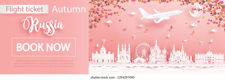 Flight and ticket advertising template with travel to Moscow, Russia in autumn season deal with falling maple leaves and famous landmarks in paper cut style vector illustration