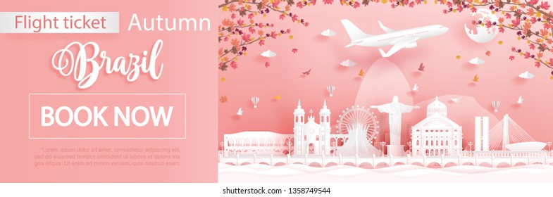 Flight and ticket advertising template with travel concept to Rio de Janeiro, Brazil in autumn season deal with falling maple leaves and famous landmarks in paper cut style vector illustration