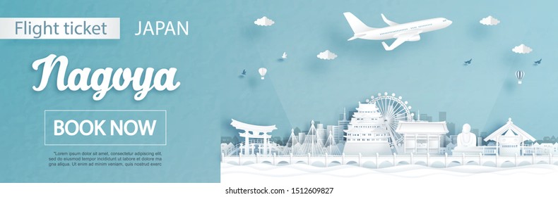 Flight and ticket advertising template with travel to Nagoya, Japan concept and famous landmarks in paper cut style vector illustration