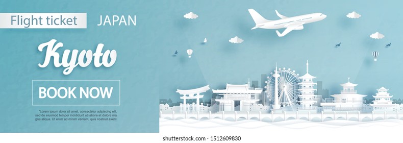 Flight and ticket advertising template with travel to Kyoto, Japan concept and famous landmarks in paper cut style vector illustration