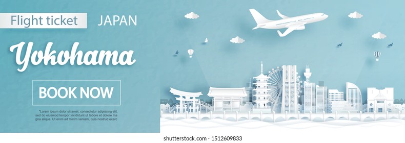 Flight and ticket advertising template with travel to Yokohama, Japan concept and famous landmarks in paper cut style vector illustration