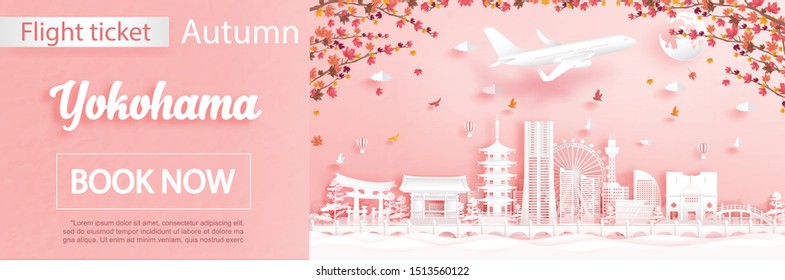 Flight and ticket advertising template with travel to Yokohama, Japan in autumn season deal with falling maple leaves and famous landmarks in paper cut style vector illustration