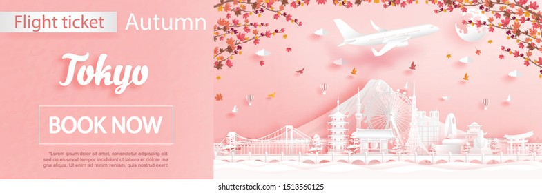 Flight and ticket advertising template with travel to Tokyo, Japan in autumn season deal with falling maple leaves and famous landmarks in paper cut style vector illustration