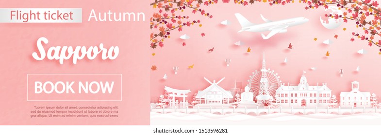 Flight and ticket advertising template with travel to Sapporo, Japan in autumn season deal with falling maple leaves and famous landmarks in paper cut style vector illustration