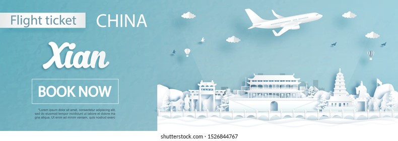 Flight and ticket advertising template with travel to Xian, China concept and famous landmarks in paper cut style vector illustration