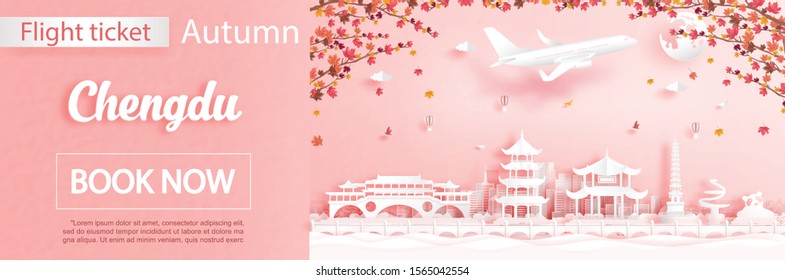 Flight and ticket advertising template with travel to Chengdu, China in autumn season deal with falling maple leaves and famous landmarks in paper cut style vector illustration
