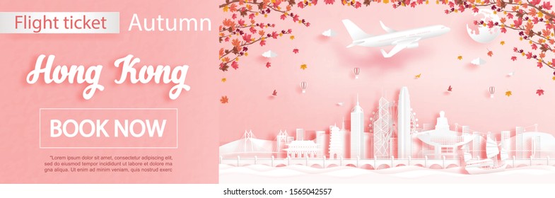 Flight and ticket advertising template with travel to Hong Kong, China in autumn season deal with falling maple leaves and famous landmarks in paper cut style vector illustration