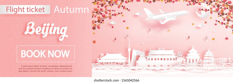 Flight and ticket advertising template with travel to Beijing, China in autumn season deal with falling maple leaves and famous landmarks in paper cut style vector illustration