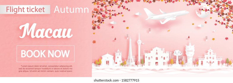 Flight and ticket advertising template with travel to Macau, China in autumn season deal with falling maple leaves and famous landmarks in paper cut style vector illustration