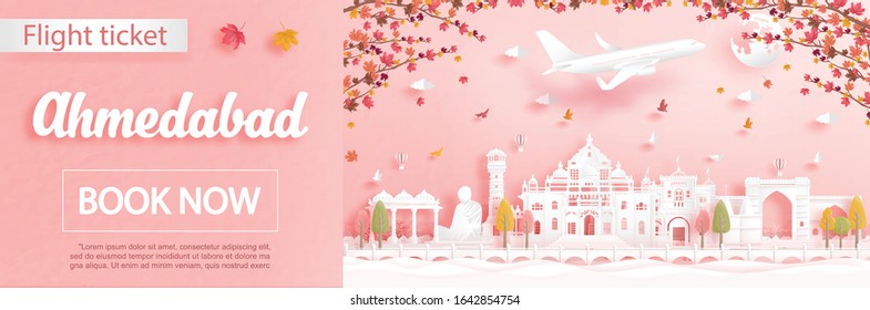 Flight and ticket advertising template with travel to Ahmedabad, India in autumn season deal with falling maple leaves and famous landmarks in paper cut style vector illustration