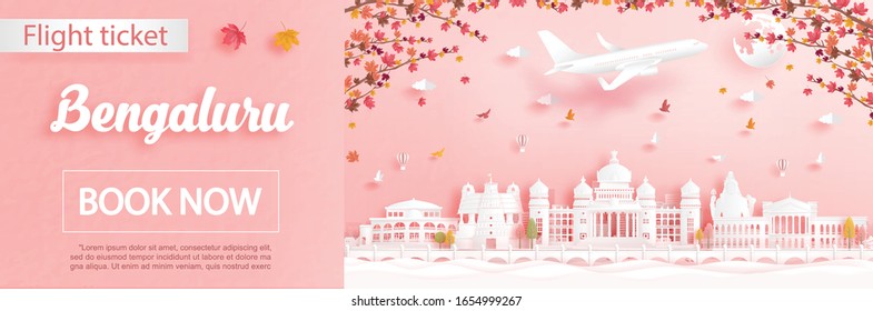 Flight and ticket advertising template with travel to Bengaluru, India in autumn season deal with falling maple leaves and famous landmarks in paper cut style vector illustration