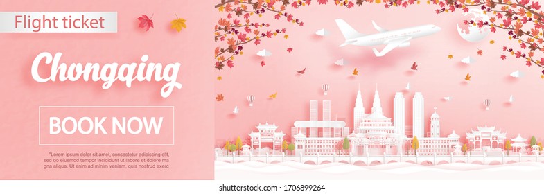 Flight and ticket advertising template with travel to Chongqing, China in autumn season deal with falling maple leaves and famous landmarks in paper cut style vector illustration