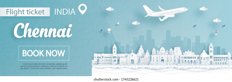Flight and ticket advertising template with travel to Chennai, India concept and famous landmarks in paper cut style vector illustration