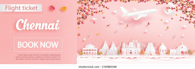 Flight and ticket advertising template with travel to Chennai, India in autumn season deal with falling maple leaves and famous landmarks in paper cut style vector illustration