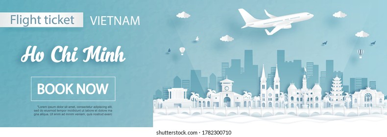 Flight and ticket advertising template with travel to Ho Chi Minh city, Vietnam concept and famous landmarks in paper cut style vector illustration