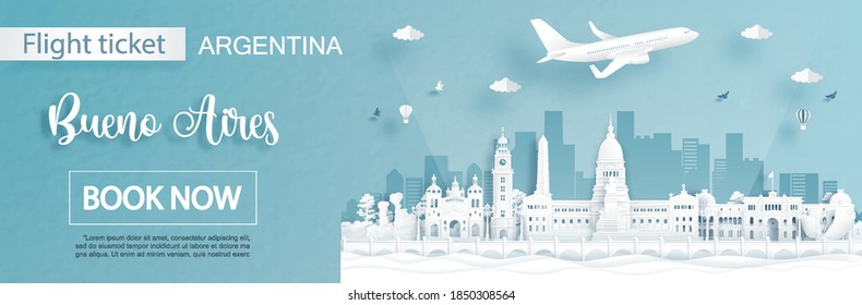 Flight and ticket advertising template with travel to Bueno Aires, Argentina concept and famous landmarks in paper cut style vector illustration