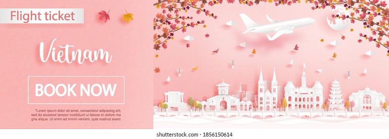 Flight and ticket advertising template with travel to Ho Chi Minh City, Vietnam in autumn season deal with falling maple leaves and famous landmarks in paper cut style vector illustration