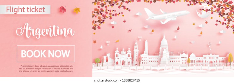 Flight and ticket advertising template with travel to Bueno Aires, Argentina in autumn season deal with falling maple leaves and famous landmarks in paper cut style vector illustration