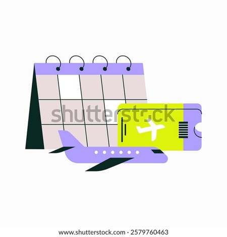 Flight Ticket, Airplane, And Calendar In Flat Vector Illustration Symbolizing Travel Planning, Air Travel, And Flight Booking, Isolated On White Background