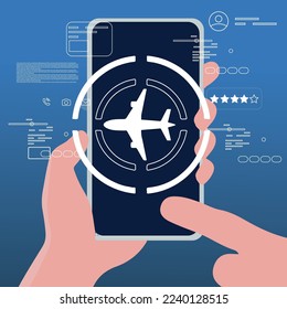 Flight ticket booking concept with person using a smartphone.