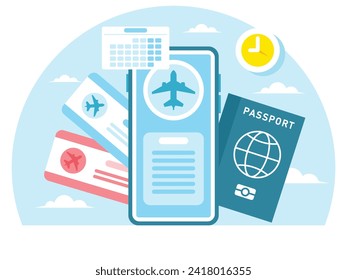 Flight ticket booking. Mobile Ticket Booking Concept with Passenger Passport. Vector graphics