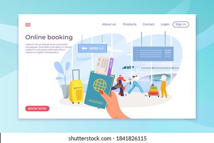 Flight ticket booking in smartphone online app, vector illustration. Airline plane trip for journey, airport passenger at screen landing page. Fly transportation book globe service.