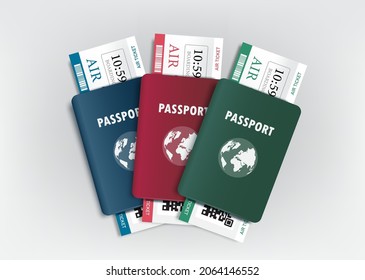 flight ticket example stacked inside the blue, red, green passport isolated on white bacground for travel concept design,vector 3d for advertising design