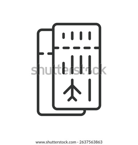 Flight ticket, icon in line design. Flight ticket, airline tickets, boarding pass, plane tickets, travel document, flight booking on white background vector. Flight ticket editable stroke