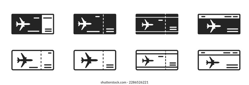 conjunto de iconos de la entrada de vuelo. símbolos de vacaciones y viajes aéreos. reserva de vuelos y servicios de aerolíneas. imagen vectorial aislada para diseño turístico