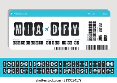 Flight Ticket Mock Up With Airport Terminal Board Letters. Airplane Boarding Pass Concept With Scoreboard Font Isolated On White