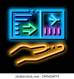 vector de señal de luz de neón de boleto de vuelo. Brillante señal de la entrada de un vuelo con un icono brillante. ilustración de símbolo transparente