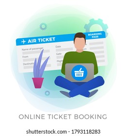 Flugticket Online Buchung flach Vektorsymbol. Man bucht seine Reise mit einer mobilen App oder einem Webseitendienst, um Reiseurlaub zu reservieren oder Flugtickets zu kaufen und zu buchen.