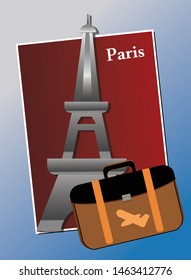 A flight ticket to Paris, with a briefcase