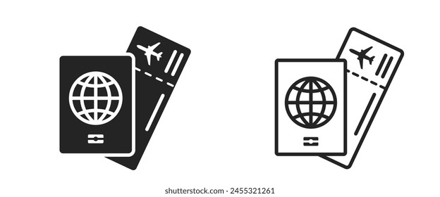 flight ticket and passport flat and line icon. journey, vacation and air travel symbol. isolated vector image for tourism design